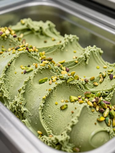 Close-up portrait shot of dense, perfectly structured pistachio gelato pulling from a professional Carpigiani batch freezer, showing rich saturated green texture against clean stainless steel, shallow depth of field.