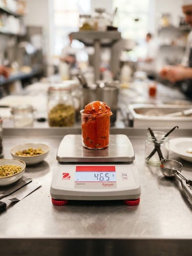 Crisp culinary photography of a stainless steel laboratory bench, digital scales with precise ingredients, soft laboratory lighting, shallow depth of field.
