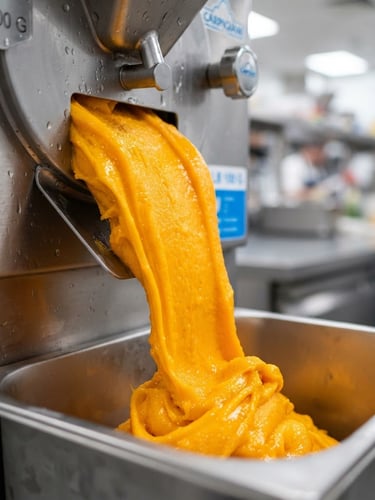 Macro close-up of vibrant mango gelato pulling from a stainless steel Carpigiani batch freezer, crisp culinary laboratory lighting, shallow depth of field