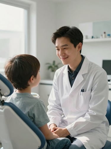 Warm portrait-oriented photograph of a pediatric dentist sitting at eye-level with a child, smiling gently, soft natural window light, Scandinavian design elements in the background.