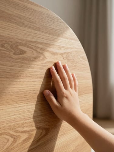 Intimate close-up of a child's hand gently touching a curved, warm oak wall in a sunlit room, soft indirect daylight, Scandinavian minimalist design, calming atmosphere.