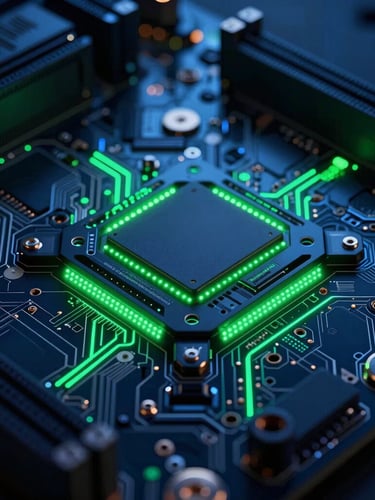 Macro close-up of a high-performance server motherboard, glowing green LED tracers, deep midnight blue shadows, cybernetic industrial design, cinematic 3D render