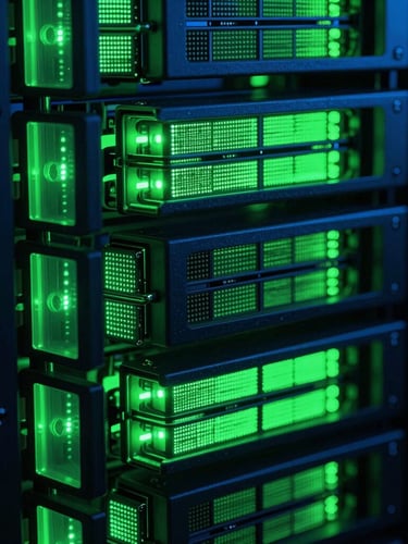 Macro close-up of high-speed server racks glowing with intense neon green LEDs, deep midnight blue shadows, dramatic low-key lighting, cybernetic atmosphere.