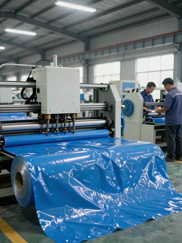 Wide environmental shot of the Karanganyar factory floor, clean industrial lighting, rolls of raw blue PVC fabric and automated seam-sealing machinery in action, professional workers in uniform.