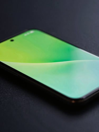 Extreme macro close-up of a high-end Android OLED screen displaying a fluid, neon-green vector transition, moody studio lighting, dark slate background, sharp focus