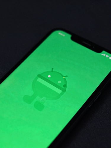 Moody close-up shot of a premium Android mobile screen displaying a fluid, high-fidelity neon green vector animation, dark slate background, sharp focus, low-key studio lighting