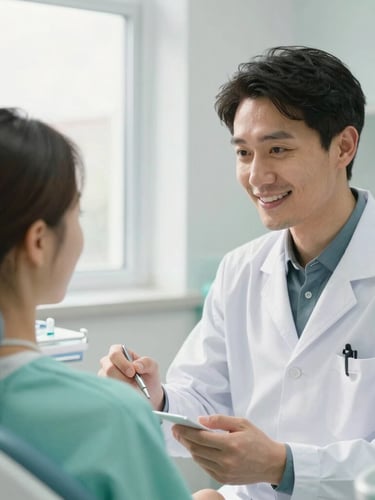 A warm doctor-patient consultation in a bright clinic, soft natural window light, deep calming teal accents, professional dentist explaining a plan with a gentle smile, shallow depth of field
