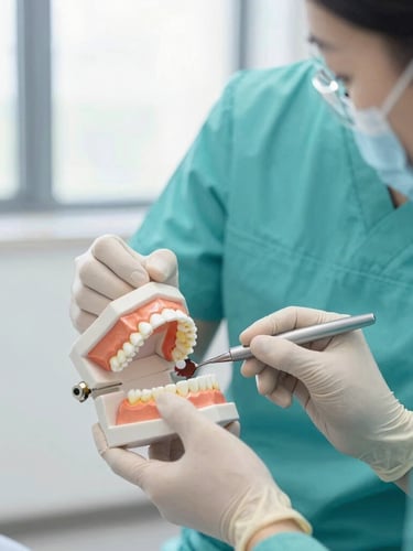 Close-up of a dentist in a teal uniform gently demonstrating a procedure on a model tooth to an attentive patient, bright soft window lighting