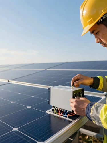 Close-up of an engineer in safety gear inspecting clean wiring on a solar panel inverter, bright morning sunlight, high detail, crisp blue and warm yellow tones. Image bleeds to the left.