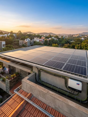 Wide-angle architectural shot of a residential rooftop solar installation in Maharashtra at sunrise, clean wiring visible, bright morning sunlight, high detail, crisp blue and warm yellow tones. Image bleeds to the right.