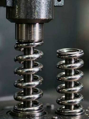 Extreme close-up of a CNC spring coiling machine forming a heavy-duty steel compression spring, high-contrast industrial lighting highlighting metallic sheen and sharp wire curves.