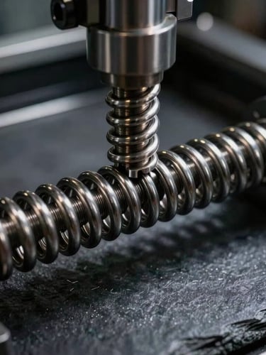 Extreme close-up of a multi-axis CNC spring coiling machine in action, high-contrast industrial studio lighting highlighting the metallic sheen of cold steel wire as it is bent into a precise torsion spring, dark slate background showing wire texture.