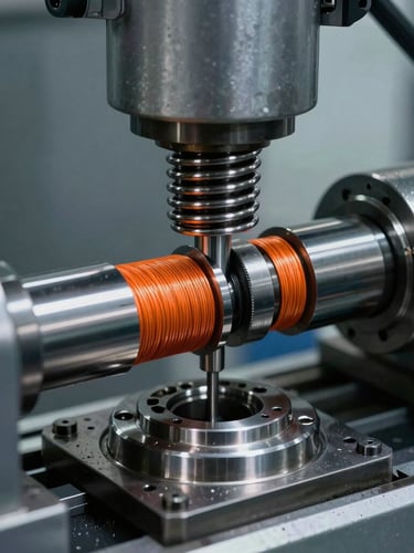 Extreme close-up of a high-precision CNC spring coiling machine, safety-orange tension wire feeding into a steel mandrel, sharp metallic sheen, cold industrial lighting