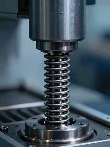 Extreme close-up of a high-precision CNC spring coiling machine feeding high-carbon steel wire, sharp metallic sheen, cold blue industrial studio lighting.