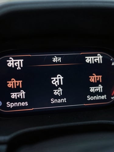 Close-up of a high-end digital dashboard displaying bilingual Sanskrit-derived Hindi and English typography, low-key dramatic lighting, deep midnight-slate tones.