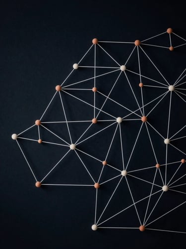 Abstract geometric visualization of network nodes and organizational hierarchies, thin white lines on deep slate background, low-key lighting.