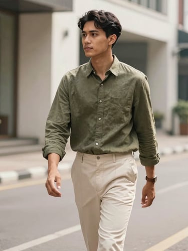 Warm editorial fashion photography of a young Indonesian professional walking in a soft-lit urban street in Jakarta, wearing a coordinated ready-to-wear olive linen shirt and cream trousers, soft natural daylight, clean urban background, muted natural tones, 35mm lens