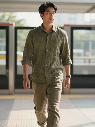 Medium shot of a young Indonesian professional walking near a transit station, wearing a coordinated olive linen shirt and relaxed trousers, soft natural daylight, 35mm lens