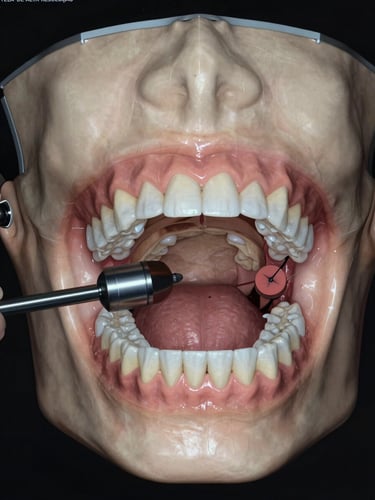 Tela de alta resolução exibindo planejamento cirúrgico virtual 3D de uma mandíbula e dentes inclusos, evidenciando o rigor técnico e a precisão do diagnóstico.