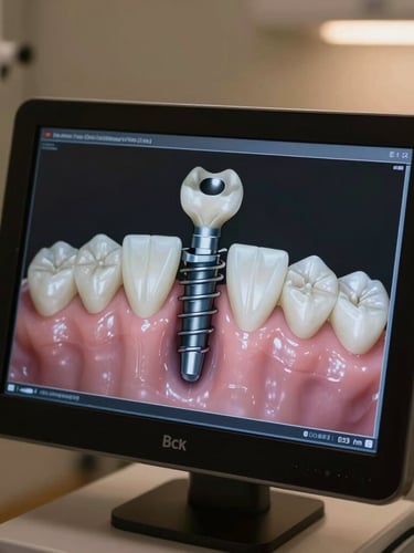 Medium close-up of a high-resolution 3D digital planning screen showing a precise dental implant placement model, soft warm side-lighting, elegant clinical environment.