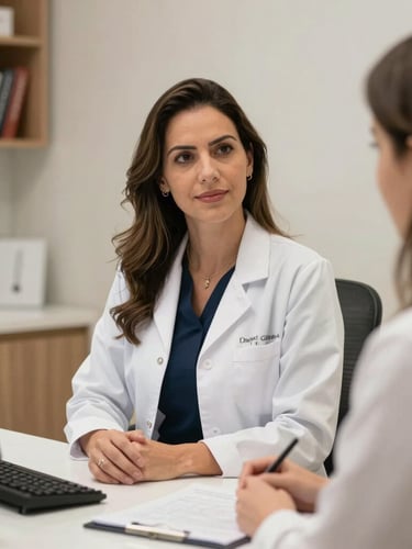 Retrato profissional em plano médio da Dra. Daniela Guimarães em seu consultório premium em Recife, com iluminação natural suave, transmitindo segurança e acolhimento.