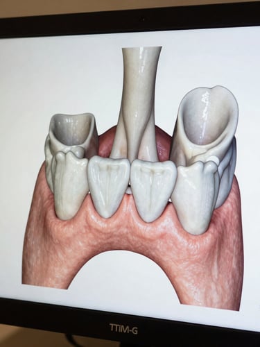 Close-up of a high-resolution 3D digital planning screen showing a detailed TMJ joint structure, soft warm side-lighting, clinical precision and technology.