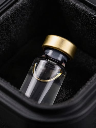 Macro photography of a clinical glass vial resting inside a dark insulated cold-chain container, sharp gold reflections on the glass cap, matte black background, dramatic studio lighting, high contrast