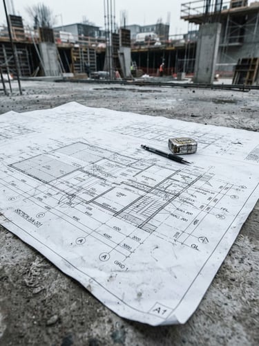 Sharp architectural photograph, close-up of technical plans on a concrete surface at a construction site, high contrast, overcast daylight, desaturated tones.