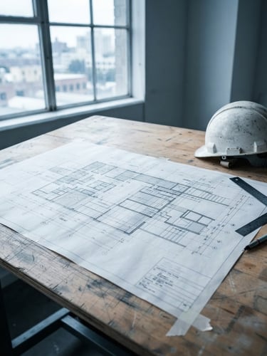 Sharp architectural drawing on a wooden table next to a safety helmet, natural daylight from a window, high contrast, cool desaturated tones.