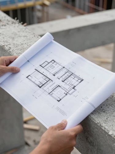 Close-up of hands holding architectural plans over a concrete structural beam on an active construction site, sharp focus, natural daylight.