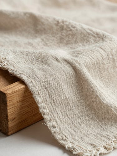 Macro shot of raw linen fabric draped over a wooden block, soft natural daylight, high texture detail, 35mm