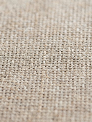 Extreme macro close-up of raw linen fabric weave, showing high-detail warp and weft fibers under soft, diffused daylight, neutral earth tones, 35mm