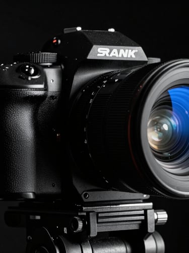Stark high-contrast close-up of a modern camera rig in a dark studio, electric blue lens flare, raw backstage atmosphere
