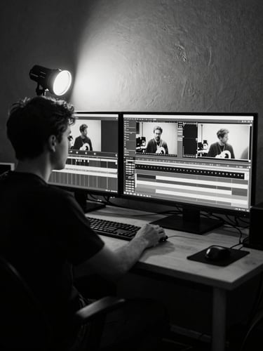 Raw backstage flash photography of an editing bay, stark shadows, glowing monitors displaying high-contrast video timelines, cool-toned monochrome, 35mm film grain.