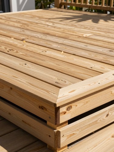 Straight-on shot of a completed wooden deck repair under bright Florida sun, clean cuts and solid construction details visible