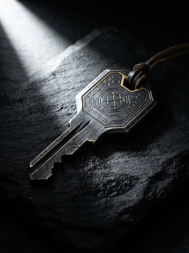 Dramatic high-contrast close-up of a physical cryptographic key resting on a dark slate surface, single sharp directional white light source, deep shadows, ultra-premium professional photography style.