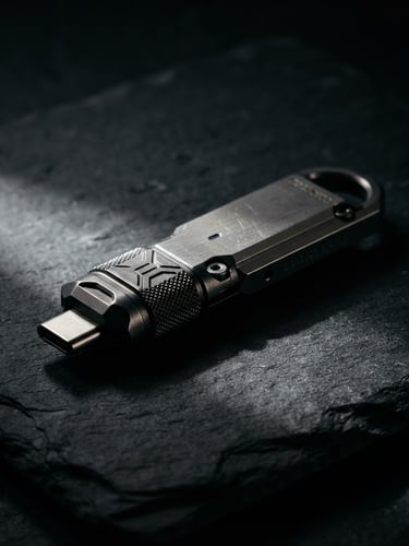 Dramatic close-up of a high-end cryptographic physical key lying on a dark slate surface, single sharp white light source from the side, deep shadows, premium professional atmosphere