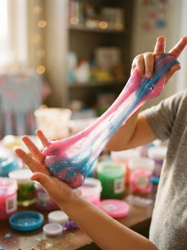 A child's hands stretching bright pink and blue slime, with other colorful slime containers blurred in the background, vibrant and energetic, natural light, shallow depth of field, 35mm film.