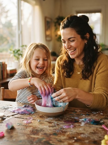 Candid shot of a child and parent laughing together, mixing colorful slime on a rustic wooden table, soft golden-hour light filtering through a window, shallow depth of field, 35mm film style.