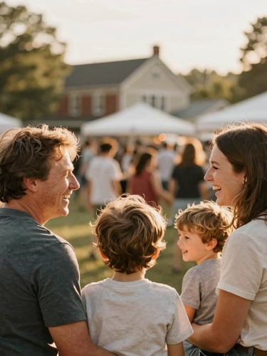 Warm, sun-drenched image of a family (parents and children) laughing together at a local community event in Chester County, shallow depth of field, golden hour, nostalgic tones.