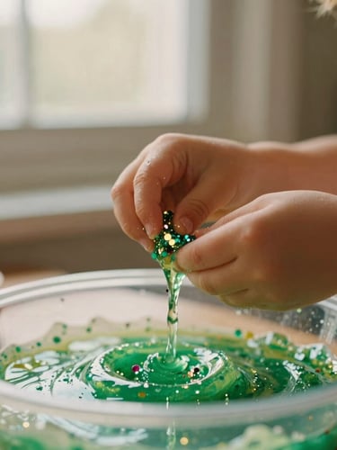 Close-up of a child's hands carefully pouring glitter into a bowl of green slime, vibrant colors, natural light from a window, shallow depth of field, 35mm film.