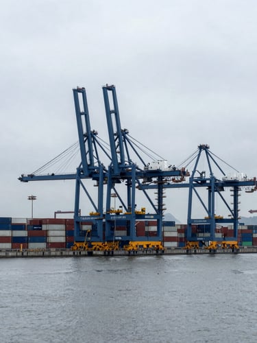 Wide-angle architectural shot of a massive deep-water container terminal, cool overcast daylight, towering blue gantry cranes, stacked maritime containers, slate gray water.
