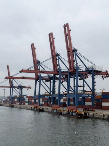 Wide-angle architectural view of a massive deep-water container terminal with massive cranes, cool overcast daylight, slate gray and deep navy tones, clinical composition.