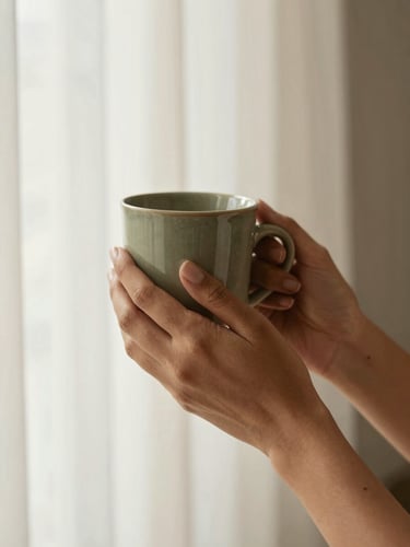 Close-up of Pooja Hasija's hands gently holding a warm ceramic mug, soft light filtering through sheer curtains, elegant curves, feminine, minimal.