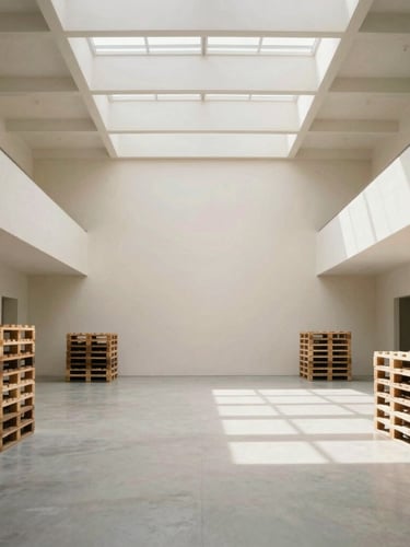 Symmetrical architectural shot of a modern, clean warehouse interior with high ceilings, soft natural light streaming in, wooden pallets, editorial fashion logistics style.
