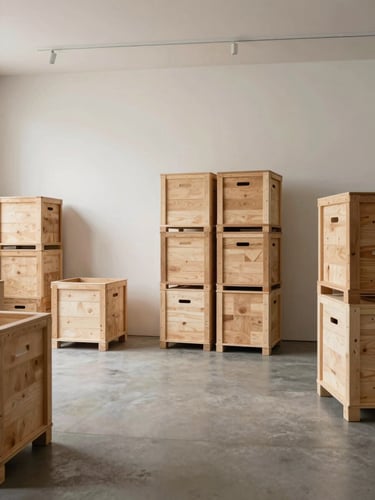 Minimalist modern warehouse interior, clean concrete floor, warm lighting, neatly stacked wooden shipping crates, editorial fashion photography style.