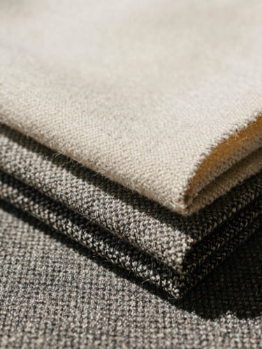 Close-up of premium wool and tweed fabrics, neatly folded, high-contrast editorial shadows, soft natural gallery lighting, medium format film