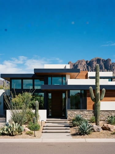 Bright natural Arizona daylight illuminating a modern desert-modern residential home in Mesa, clean architectural lines, deep blue sky, 35mm editorial corporate photography.
