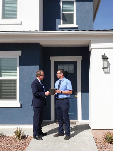 A professional insurance advisor inspecting the exterior of a modern Mesa residential home, bright Arizona daylight, natural interaction, 35mm editorial photography