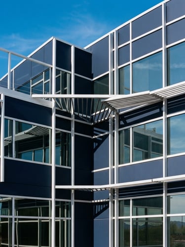 An architectural detail of a professional commercial office building in Mesa, Arizona, bathed in bright morning daylight, clean geometric shadows, 35mm photography